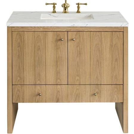 James Martin Vanities Hudson 36" Single Basin Ash Wood Vanity Set with 3 cm Ethereal Noctis Quartz Vanity Top, Rectangular Sink, USB Port and Electrical Outlet Light Natural Oak