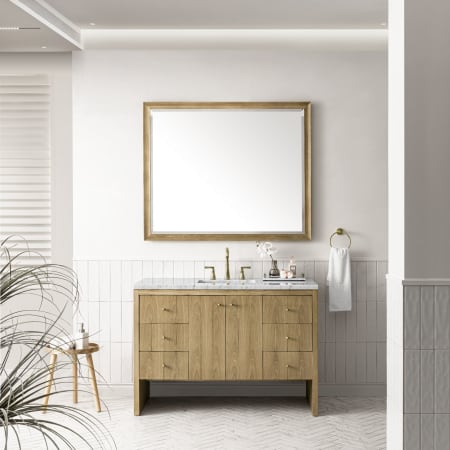 James Martin Vanities Hudson 48" Single Basin Ash Wood Vanity Set with 3 cm Arctic Fall Solid Surface Vanity Top, Rectangular Sink, USB Port and Electrical Outlet Light Natural Oak