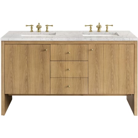 James Martin Vanities Hudson 60" Double Basin Ash Wood Vanity Set with 3 cm Pearl Jasmine Quartz Vanity Top, Rectangular Sinks, USB Port and Electrical Outlet Light Natural Oak