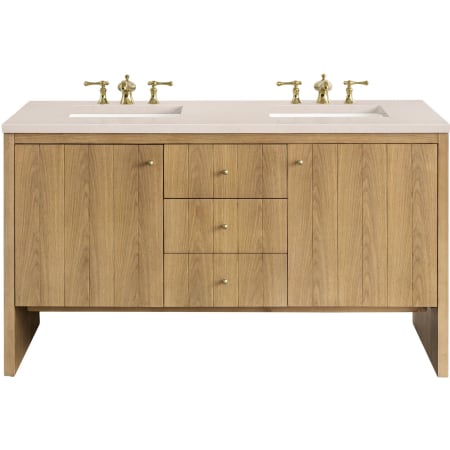 James Martin Vanities Hudson 60" Double Basin Ash Wood Vanity Set with 3 cm Eternal Marfil Quartz Vanity Top, Rectangular Sinks, USB Port and Electrical Outlet Light Natural Oak