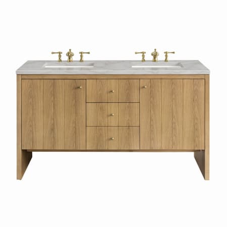 James Martin Vanities Hudson 60" Double Basin Wood Vanity Set with 3cm Victorian Silver Silestone Quartz Vanity Top, Rectangular Sinks, USB Port and Electrical Outlet Light Natural Oak