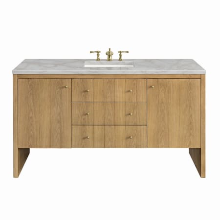 James Martin Vanities Hudson 60" Single Basin Wood Vanity Set with 3cm Victorian Silver Silestone Quartz Vanity Top, Rectangular Sink, USB Port and Electrical Outlet Light Natural Oak