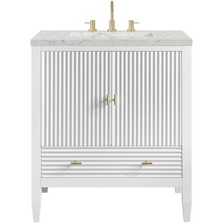 James Martin Vanities Myrrin 30" Free Standing Single Basin Hardwood Vanity Set with Stone Composite Top, Rectangular Sink, USB Port(s), and Electrical Outlet(s) Bright White