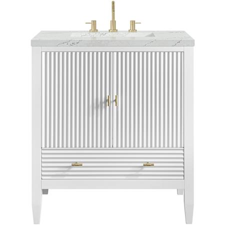 James Martin Vanities Myrrin 30" Free Standing Single Basin Hardwood Vanity Set with Stone Composite Top, Rectangular Sink, USB Port(s), and Electrical Outlet(s) Bright White
