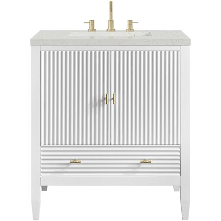 James Martin Vanities Myrrin 30" Free Standing Single Basin Hardwood Vanity Set with Stone Composite Top, Rectangular Sink, USB Port(s), and Electrical Outlet(s) Bright White