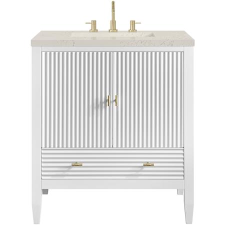 James Martin Vanities Myrrin 30" Free Standing Single Basin Hardwood Vanity Set with Stone Composite Top, Rectangular Sink, USB Port(s), and Electrical Outlet(s) Bright White