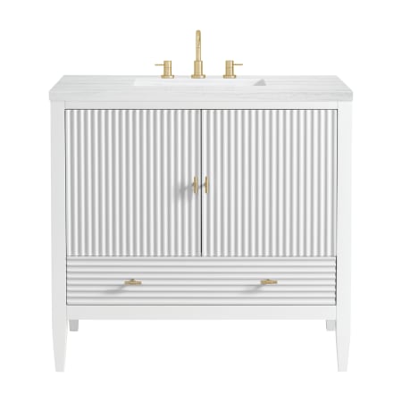 James Martin Vanities Myrrin 36" Single Basin Wood Vanity Set with 3cm Arctic Fall Solid Surface Vanity Top, Rectangular Sink and Electrical Outlet - 8" Faucet Centers Bright White