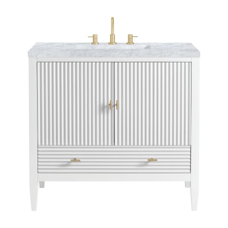 James Martin Vanities Myrrin 36" Single Basin Wood Vanity Set with 3cm Carrara White Marble Vanity Top, Rectangular Sink, USB Port and Electrical Outlet - 8" Faucet Centers Bright White
