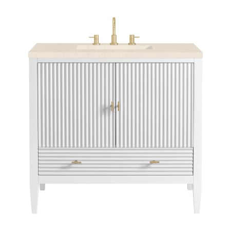 James Martin Vanities Myrrin 36" Single Basin Wood Vanity Set with 3cm Eternal Marfil Silestone Quartz Vanity Top, Rectangular Sink and Outlet - 8" Faucet Centers Bright White