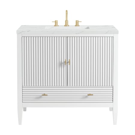 James Martin Vanities Myrrin 36" Single Basin Wood Vanity Set with 3cm Ethereal Noctis Silestone Quartz Vanity Top, Rectangular Sink and Outlet - 8" Faucet Centers Bright White