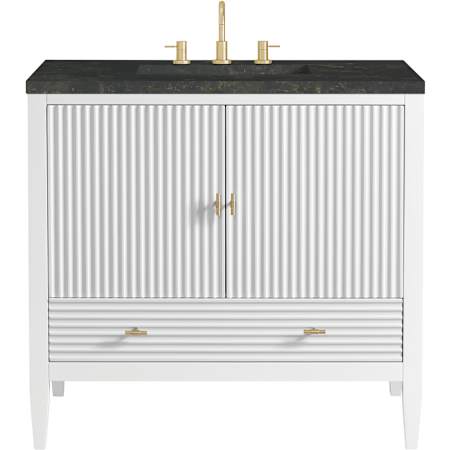 James Martin Vanities Myrrin 36" Free Standing Single Basin Hardwood Vanity Set with Solid Surface Top, Rectangular Sink, USB Port(s), and Electrical Outlet(s) Bright White