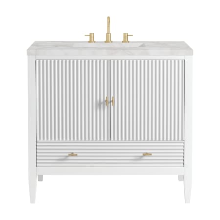 James Martin Vanities Myrrin 36" Single Basin Wood Vanity Set with 3cm Victorian Silver Silestone Quartz Vanity Top, Rectangular Sink and Outlet - 8" Faucet Centers Bright White