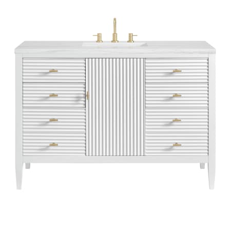 James Martin Vanities Myrrin 48" Single Basin Wood Vanity Set with 3cm Arctic Fall Solid Surface Vanity Top, Rectangular Sink and Electrical Outlet - 8" Faucet Centers Bright White