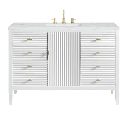 James Martin Vanities Myrrin 48" Single Basin Wood Vanity Set with 3cm Ethereal Noctis Silestone Quartz Vanity Top, Rectangular Sink and Outlet - 8" Faucet Centers Bright White