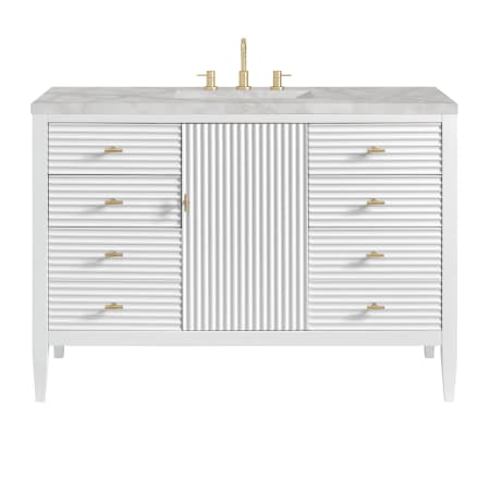 James Martin Vanities Myrrin 48" Single Basin Wood Vanity Set with 3cm Victorian Silver Silestone Quartz Vanity Top, Rectangular Sink and Outlet - 8" Faucet Centers Bright White