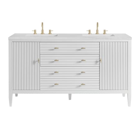 James Martin Vanities Myrrin 60" Double Basin Wood Vanity Set with 3cm Arctic Fall Solid Surface Vanity Top, Rectangular Sinks and Electrical Outlet - 8" Faucet Centers Bright White