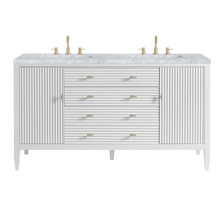 James Martin Vanities Myrrin 60" Double Basin Wood Vanity Set with 3cm Carrara White Marble Vanity Top, Rectangular Sinks and Electrical Outlet - 8" Faucet Centers Bright White