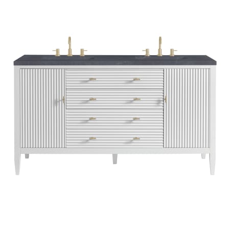 James Martin Vanities Myrrin 60" Double Basin Wood Vanity Set with 3cm Charcoal Soapstone Silestone Quartz Vanity Top and Rectangular Sinks - 8" Faucet Centers Bright White