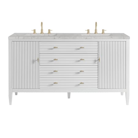 James Martin Vanities Myrrin 60" Double Basin Wood Vanity Set with 3cm Eternal Jasmine Pearl Silestone Quartz Vanity Top and Rectangular Sinks - 8" Faucet Centers Bright White