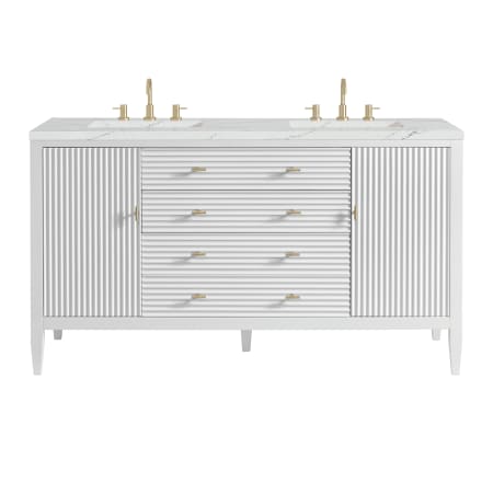 James Martin Vanities Myrrin 60" Double Basin Wood Vanity Set with 3cm Ethereal Noctis Silestone Quartz Vanity Top, Rectangular Sinks and Outlet - 8" Faucet Centers Bright White