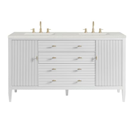 James Martin Vanities Myrrin 60" Double Basin Wood Vanity Set with 3cm Lime Delight Silestone Quartz Vanity Top, Rectangular Sinks and Electrical Outlet - 8" Faucet Centers Bright White