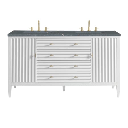 James Martin Vanities Myrrin 60" Double Basin Wood Vanity Set with 3cm Parisien Bleu Silestone Quartz Vanity Top, Rectangular Sinks and Outlet - 8" Faucet Centers Bright White