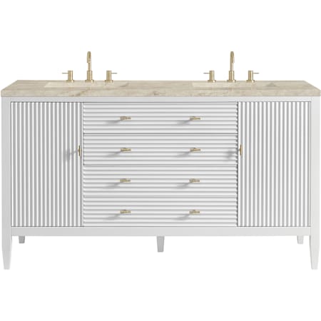 James Martin Vanities Myrrin 60" Free Standing Double Basin Hardwood Vanity Set with Solid Surface Top, Rectangular Sinks, USB Port(s), and Electrical Outlet(s) Bright White