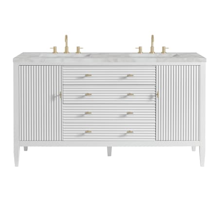 James Martin Vanities Myrrin 60" Double Basin Wood Vanity Set with 3cm Victorian Silver Silestone Quartz Vanity Top and Rectangular Sinks - 8" Faucet Centers Bright White