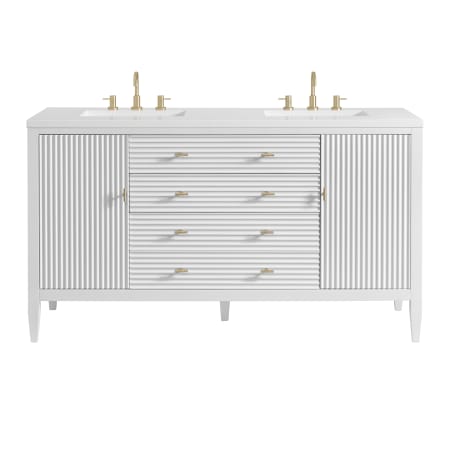 James Martin Vanities Myrrin 60" Double Basin Wood Vanity Set with 3cm White Zeus Silestone Quartz Vanity Top, Rectangular Sinks and Electrical Outlet - 8" Faucet Centers Bright White