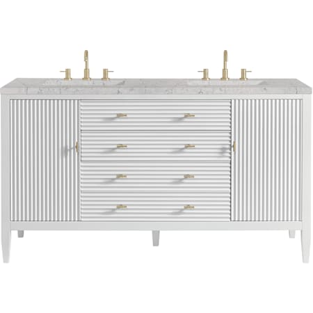 James Martin Vanities Myrrin 60" Free Standing Double Basin Poplar Wood Vanity Set with Eternal Jasmine Pearl Stone Composite Top, Rectangular Sinks, and FreePower Bright White