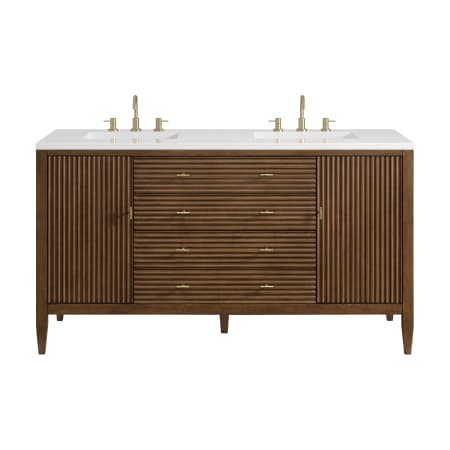 James Martin Vanities Myrrin 60" Double Basin Wood Vanity Set with 3cm White Zeus Silestone Quartz Vanity Top, Rectangular Sinks and Electrical Outlet - 8" Faucet Centers Mid-Century Walnut