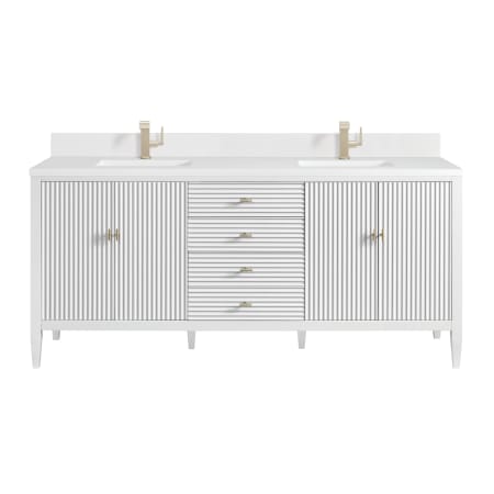 James Martin Vanities Myrrin 72" Double Basin Wood Vanity Set with 3cm White Zeus Silestone Quartz Vanity Top, Rectangular Sinks and Electrical Outlet - Single Faucet Hole Bright White