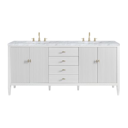James Martin Vanities Myrrin 72" Double Basin Wood Vanity Set with 3cm Carrara White Marble Vanity Top, Rectangular Sinks and Electrical Outlet - 8" Faucet Centers Bright White