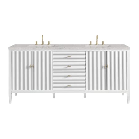 James Martin Vanities Myrrin 72" Double Basin Wood Vanity Set with 3cm Eternal Jasmine Pearl Silestone Quartz Vanity Top and Rectangular Sinks - 8" Faucet Centers Bright White