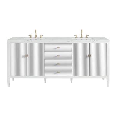 James Martin Vanities Myrrin 72" Double Basin Wood Vanity Set with 3cm Ethereal Noctis Silestone Quartz Vanity Top, Rectangular Sinks and Outlet - 8" Faucet Centers Bright White