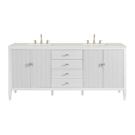 James Martin Vanities Myrrin 72" Double Basin Wood Vanity Set with 3cm Lime Delight Silestone Quartz Vanity Top, Rectangular Sinks and Electrical Outlet - 8" Faucet Centers Bright White