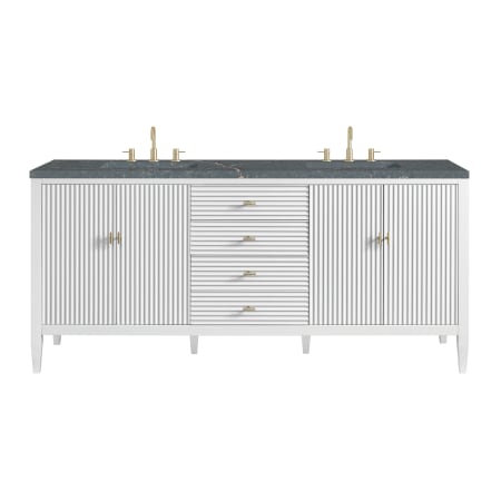 James Martin Vanities Myrrin 72" Double Basin Wood Vanity Set with 3cm Parisien Bleu Silestone Quartz Vanity Top, Rectangular Sinks and Outlet - 8" Faucet Centers Bright White