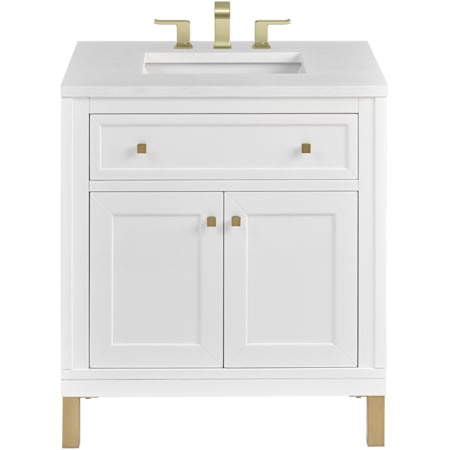 James Martin Vanities Chicago 30" Free Standing Single Basin Vanity Set with Quartz Top and Rectangular Sink Glossy White