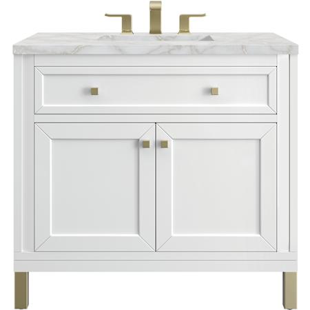 James Martin Vanities Chicago 36" Free Standing Single Basin Vanity Set with Quartz Top and Rectangular Sink Glossy White