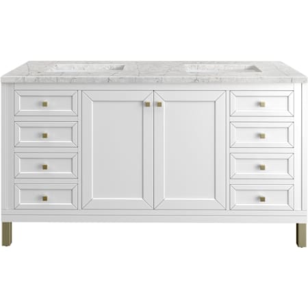 James Martin Vanities Chicago 60" Free Standing Double Basin Vanity Set with Eternal Jasmine Pearl® Stone Composite Top and Rectangular Sinks Glossy White