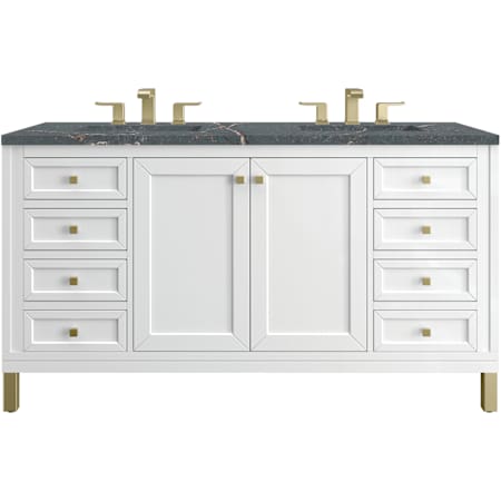 James Martin Vanities Chicago 60" Free Standing Double Basin Hardwood Vanity Set with Stone Composite Top, Two Rectangular Sinks and Wireless Charging Glossy White