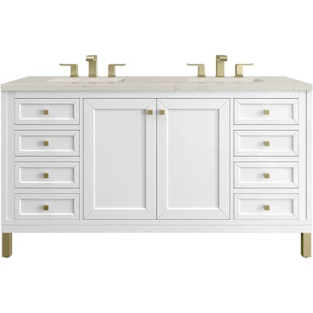 James Martin Vanities Chicago 60" Free Standing Double Basin Poplar Wood Vanity Set with Stone Composite Top and Rectangular Sinks Glossy White