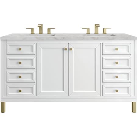 James Martin Vanities Chicago 60" Free Standing Double Basin Vanity Set with Victorian Silver Stone Composite Top and Rectangular Sinks Glossy White