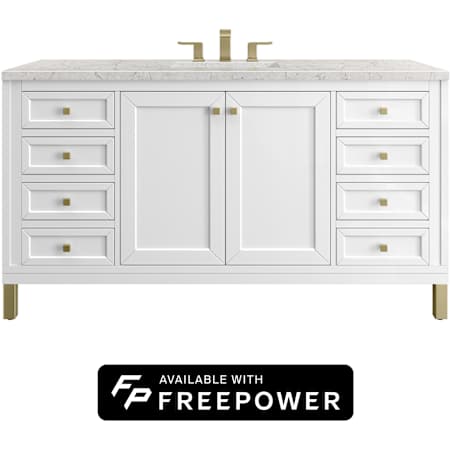 James Martin Vanities Chicago 60" Free Standing Single Basin Poplar Wood Vanity Set with Eternal Jasmine Pearl Silestone Top, Rectangular Sink, and Matching Mirror Glossy White