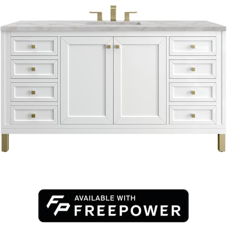 James Martin Vanities Chicago 60" Free Standing Single Basin Poplar Wood Vanity Set with Victorian Silver Silestone Top, Rectangular Sink, and Matching Mirror Glossy White
