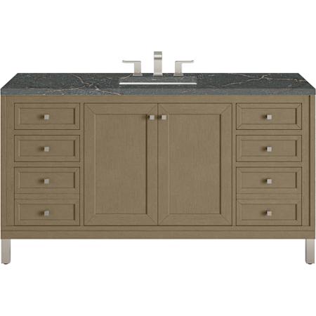 James Martin Vanities Chicago 60" Free Standing Single Basin Hardwood Vanity Set with Stone Composite Top, Rectangular Sink and Wireless Charging Walnut Whisper