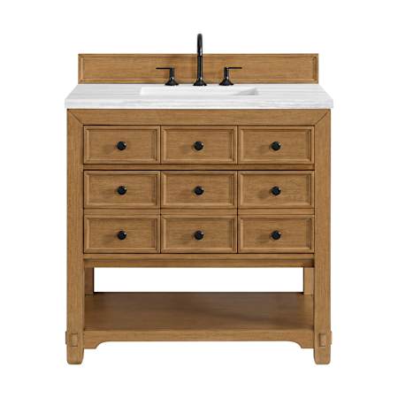 James Martin Vanities Malibu 36" Free Standing Single Basin Vanity Set with Solid Surface Vanity Top and Rectangular Sink Amber Birch