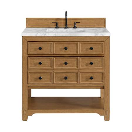 James Martin Vanities Malibu 36" Free Standing Single Basin Vanity Set with Natural Stone Vanity Top and Rectangular Sink Amber Birch