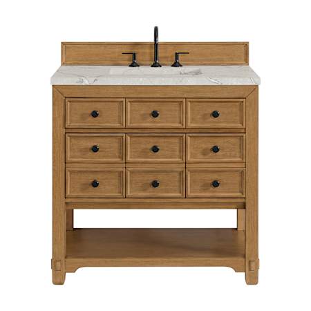James Martin Vanities Malibu 36" Free Standing Single Basin Vanity Set with Quartz Vanity Top and Rectangular Sink Amber Birch