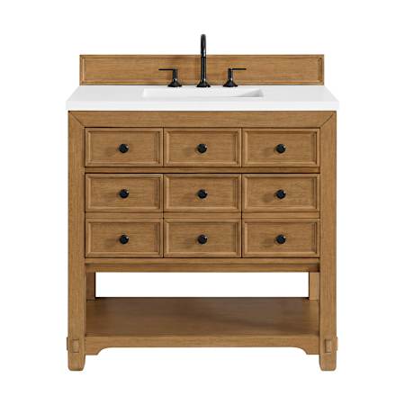 James Martin Vanities Malibu 36" Free Standing Single Basin Vanity Set with Quartz Vanity Top and Rectangular Sink Amber Birch